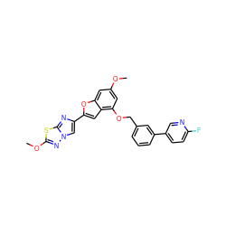 COc1cc(OCc2cccc(-c3ccc(F)nc3)c2)c2cc(-c3cn4nc(OC)sc4n3)oc2c1 ZINC000205743708