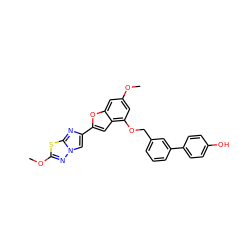 COc1cc(OCc2cccc(-c3ccc(O)cc3)c2)c2cc(-c3cn4nc(OC)sc4n3)oc2c1 ZINC000205721862