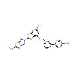 COc1cc(OCc2cccc(-c3ccc(O)cn3)c2)c2cc(-c3cn4nc(OC)sc4n3)oc2c1 ZINC000205721887