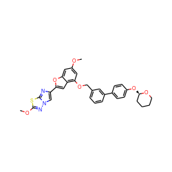 COc1cc(OCc2cccc(-c3ccc(O[C@@H]4CCCCO4)cc3)c2)c2cc(-c3cn4nc(OC)sc4n3)oc2c1 ZINC000205721774