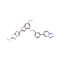 COc1cc(OCc2cccc(-c3ccc4nncn4c3)c2)c2cc(-c3cn4nc(OC)sc4n3)oc2c1 ZINC000205755959