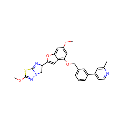 COc1cc(OCc2cccc(-c3ccnc(C)c3)c2)c2cc(-c3cn4nc(OC)sc4n3)oc2c1 ZINC000653679908