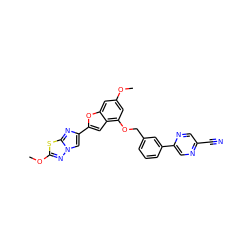 COc1cc(OCc2cccc(-c3cnc(C#N)cn3)c2)c2cc(-c3cn4nc(OC)sc4n3)oc2c1 ZINC000144520404