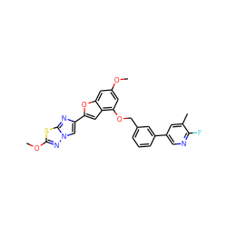 COc1cc(OCc2cccc(-c3cnc(F)c(C)c3)c2)c2cc(-c3cn4nc(OC)sc4n3)oc2c1 ZINC000653663538