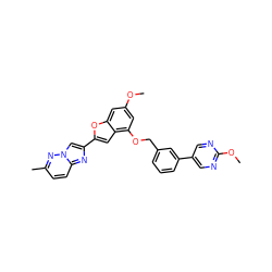 COc1cc(OCc2cccc(-c3cnc(OC)nc3)c2)c2cc(-c3cn4nc(C)ccc4n3)oc2c1 ZINC000205708078