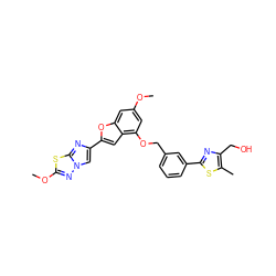 COc1cc(OCc2cccc(-c3nc(CO)c(C)s3)c2)c2cc(-c3cn4nc(OC)sc4n3)oc2c1 ZINC000205743817