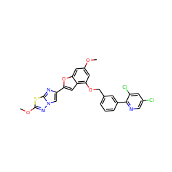 COc1cc(OCc2cccc(-c3ncc(Cl)cc3Cl)c2)c2cc(-c3cn4nc(OC)sc4n3)oc2c1 ZINC000144518550