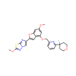 COc1cc(OCc2cccc(C3(F)CCOCC3)n2)c2cc(-c3cn4nc(OC)sc4n3)oc2c1 ZINC000205737130