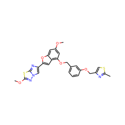 COc1cc(OCc2cccc(OCc3csc(C)n3)c2)c2cc(-c3cn4nc(OC)sc4n3)oc2c1 ZINC000653767975