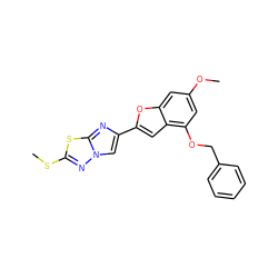 COc1cc(OCc2ccccc2)c2cc(-c3cn4nc(SC)sc4n3)oc2c1 ZINC000653665753