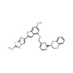 COc1cc(OCc2ccnc([C@@H]3COc4ccccc4O3)n2)c2cc(-c3cn4nc(OC)sc4n3)oc2c1 ZINC000205743754
