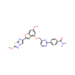 COc1cc(OCc2ccnc(-c3ccc(C(=O)N(C)C)cc3)n2)c2cc(-c3cn4nc(OC)sc4n3)oc2c1 ZINC000144519421