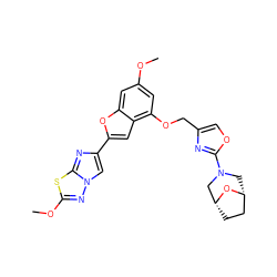 COc1cc(OCc2coc(N3C[C@@H]4CC[C@H](C3)O4)n2)c2cc(-c3cn4nc(OC)sc4n3)oc2c1 ZINC000143255283