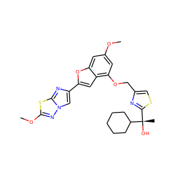 COc1cc(OCc2csc([C@](C)(O)C3CCCCC3)n2)c2cc(-c3cn4nc(OC)sc4n3)oc2c1 ZINC000653679912