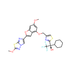 COc1cc(OCc2csc([C@](O)(C3CCCCC3)C(F)(F)F)n2)c2cc(-c3cn4nc(OC)sc4n3)oc2c1 ZINC000653670660