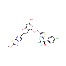 COc1cc(OCc2csc([C@](O)(c3ccc(Cl)cc3)C(F)(F)F)n2)c2cc(-c3cn4nc(OC)sc4n3)oc2c1 ZINC000653670667