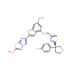 COc1cc(OCc2csc([C@]3(c4ccc(Cl)cc4)CCOC3)n2)c2cc(-c3cn4nc(OC)sc4n3)oc2c1 ZINC000223029255