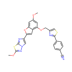 COc1cc(OCc2csc(-c3ccc(C#N)cc3)n2)c2cc(-c3cn4nc(OC)sc4n3)oc2c1 ZINC000653680385