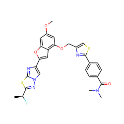 COc1cc(OCc2csc(-c3ccc(C(=O)N(C)C)cc3)n2)c2cc(-c3cn4nc([C@H](C)F)sc4n3)oc2c1 ZINC000143199834