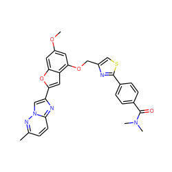 COc1cc(OCc2csc(-c3ccc(C(=O)N(C)C)cc3)n2)c2cc(-c3cn4nc(C)ccc4n3)oc2c1 ZINC000653677645