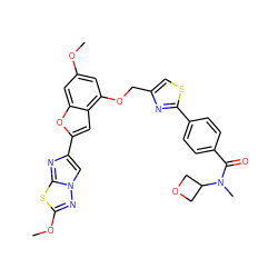 COc1cc(OCc2csc(-c3ccc(C(=O)N(C)C4COC4)cc3)n2)c2cc(-c3cn4nc(OC)sc4n3)oc2c1 ZINC000143200059