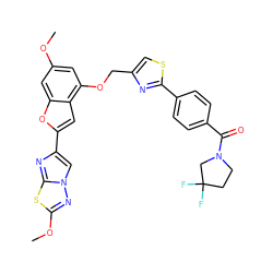 COc1cc(OCc2csc(-c3ccc(C(=O)N4CCC(F)(F)C4)cc3)n2)c2cc(-c3cn4nc(OC)sc4n3)oc2c1 ZINC000653662294