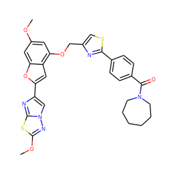 COc1cc(OCc2csc(-c3ccc(C(=O)N4CCCCCC4)cc3)n2)c2cc(-c3cn4nc(OC)sc4n3)oc2c1 ZINC000653670649