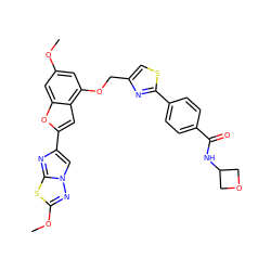 COc1cc(OCc2csc(-c3ccc(C(=O)NC4COC4)cc3)n2)c2cc(-c3cn4nc(OC)sc4n3)oc2c1 ZINC000653682143