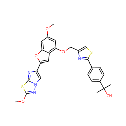 COc1cc(OCc2csc(-c3ccc(C(C)(C)O)cc3)n2)c2cc(-c3cn4nc(OC)sc4n3)oc2c1 ZINC000205663610