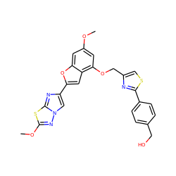 COc1cc(OCc2csc(-c3ccc(CO)cc3)n2)c2cc(-c3cn4nc(OC)sc4n3)oc2c1 ZINC000653680392