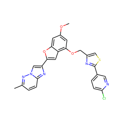 COc1cc(OCc2csc(-c3ccc(Cl)nc3)n2)c2cc(-c3cn4nc(C)ccc4n3)oc2c1 ZINC000653666172