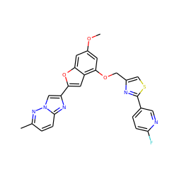 COc1cc(OCc2csc(-c3ccc(F)nc3)n2)c2cc(-c3cn4nc(C)ccc4n3)oc2c1 ZINC000653670650