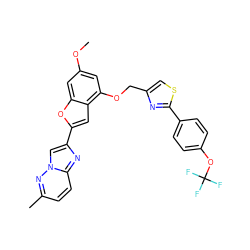 COc1cc(OCc2csc(-c3ccc(OC(F)(F)F)cc3)n2)c2cc(-c3cn4nc(C)ccc4n3)oc2c1 ZINC000223017776