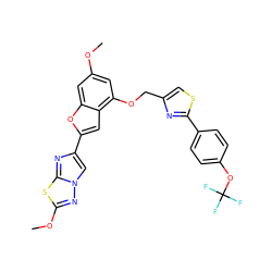 COc1cc(OCc2csc(-c3ccc(OC(F)(F)F)cc3)n2)c2cc(-c3cn4nc(OC)sc4n3)oc2c1 ZINC000143145830