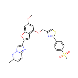 COc1cc(OCc2csc(-c3ccc(S(C)(=O)=O)cc3)n2)c2cc(-c3cn4nc(C)ccc4n3)oc2c1 ZINC000653667288