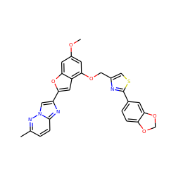 COc1cc(OCc2csc(-c3ccc4c(c3)OCO4)n2)c2cc(-c3cn4nc(C)ccc4n3)oc2c1 ZINC000653679919