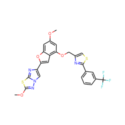 COc1cc(OCc2csc(-c3cccc(C(F)(F)F)c3)n2)c2cc(-c3cn4nc(OC)sc4n3)oc2c1 ZINC000143130586