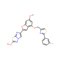 COc1cc(OCc2csc(-c3cccc(F)c3)n2)c2cc(-c3cn4nc(OC)sc4n3)oc2c1 ZINC000143145207