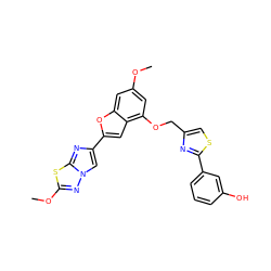 COc1cc(OCc2csc(-c3cccc(O)c3)n2)c2cc(-c3cn4nc(OC)sc4n3)oc2c1 ZINC000653662269