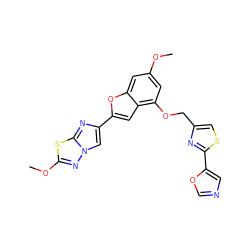 COc1cc(OCc2csc(-c3cnco3)n2)c2cc(-c3cn4nc(OC)sc4n3)oc2c1 ZINC000205722038