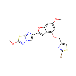 COc1cc(OCc2csc(Br)n2)c2cc(-c3cn4nc(OC)sc4n3)oc2c1 ZINC000143146051