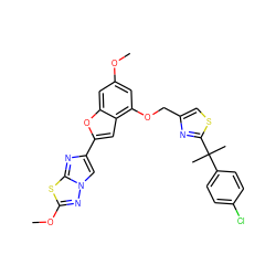 COc1cc(OCc2csc(C(C)(C)c3ccc(Cl)cc3)n2)c2cc(-c3cn4nc(OC)sc4n3)oc2c1 ZINC000223002957