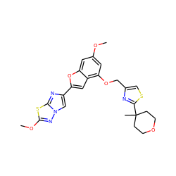 COc1cc(OCc2csc(C3(C)CCOCC3)n2)c2cc(-c3cn4nc(OC)sc4n3)oc2c1 ZINC000223016829