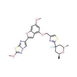 COc1cc(OCc2csc(C3(F)C[C@H](C)O[C@@H](C)C3)n2)c2cc(-c3cn4nc(OC)sc4n3)oc2c1 ZINC000205729040