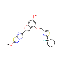 COc1cc(OCc2csc(C3(F)CCCCC3)n2)c2cc(-c3cn4nc(OC)sc4n3)oc2c1 ZINC000205749710