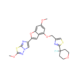 COc1cc(OCc2csc(C3(F)CCOCC3)n2)c2cc(-c3cn4nc(OC)sc4n3)oc2c1 ZINC000205728913