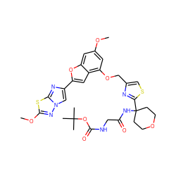 COc1cc(OCc2csc(C3(NC(=O)CNC(=O)OC(C)(C)C)CCOCC3)n2)c2cc(-c3cn4nc(OC)sc4n3)oc2c1 ZINC000223392337