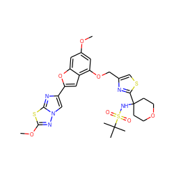 COc1cc(OCc2csc(C3(NS(=O)(=O)C(C)(C)C)CCOCC3)n2)c2cc(-c3cn4nc(OC)sc4n3)oc2c1 ZINC000223004592