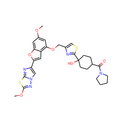 COc1cc(OCc2csc(C3(O)CCC(C(=O)N4CCCC4)CC3)n2)c2cc(-c3cn4nc(OC)sc4n3)oc2c1 ZINC000205756124