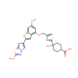 COc1cc(OCc2csc(C3(O)CCC(C(=O)O)CC3)n2)c2cc(-c3cn4nc(OC)sc4n3)oc2c1 ZINC000205756097